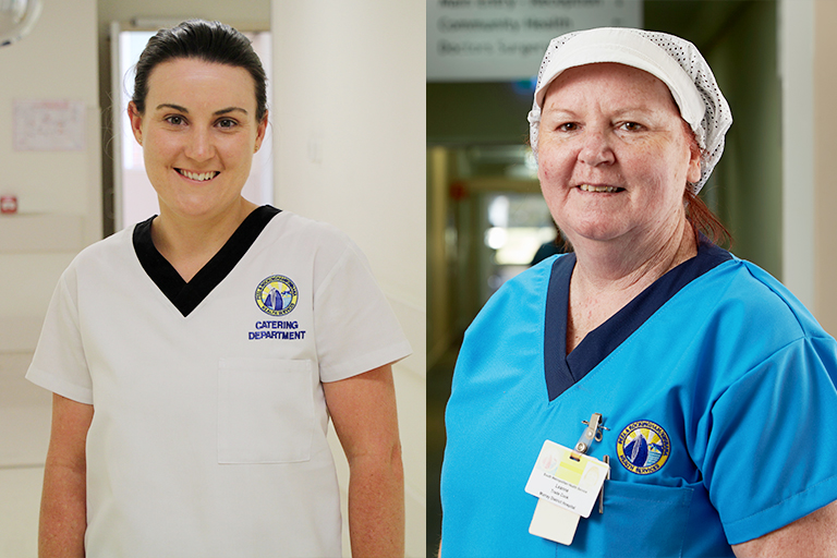 Two photos side by side of two female hospital support staff
